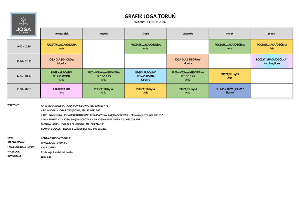 Grafik Joga Toruń od 01.07.2025